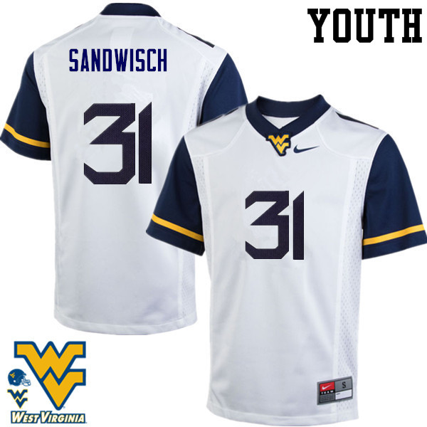 NCAA Youth Zach Sandwisch West Virginia Mountaineers White #31 Nike Stitched Football College Authentic Jersey LK23J61HI